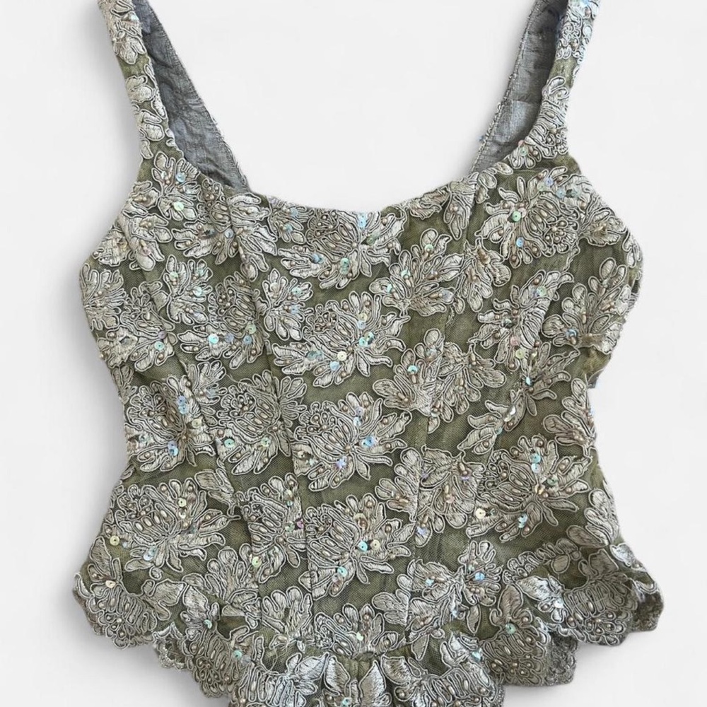 Cache Olive green sequin beaded corset top with intricate floral